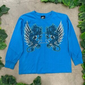 Y2K Top Heavy Twin Dragon Wing Graphic Blue Long Sleeve Shirt